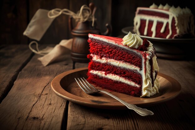 Postre orgánico casero pastel de terciopelo rojo sobre mesa de madera creado con ai generativo