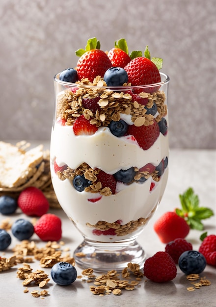 Postre parfait con frutas y granola Fotografía de comida