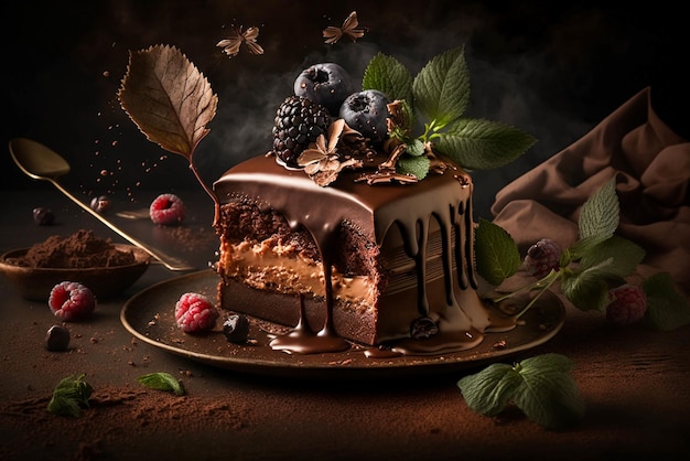 Postre de pastel de chocolate realista en un fondo oscuro