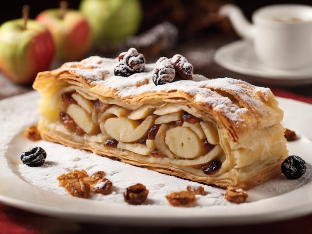 Postre de pastel horneado en un plato Bollo pegajoso con pasas de canela y frutas secas