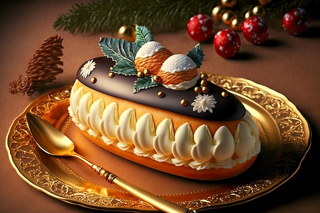 Postre pastel de queso eclair cubierto con crema y decoración para año nuevo