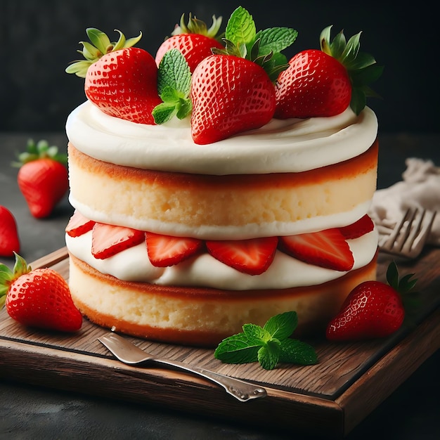 Postre de pastel de vainilla con fresa