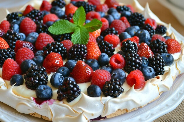 Postre de pavlova dulce y cremoso con bayas y merengue