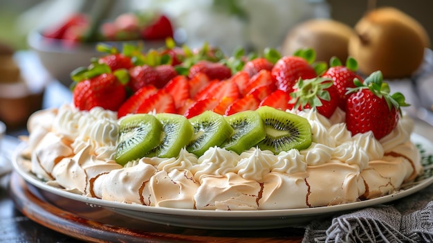 Postre de Pavlova Meringue de frutas frescas con fresas, kiwi y crema en un elegante plato