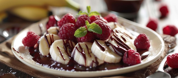 Postre de plátano con frambuesas en un plato blanco