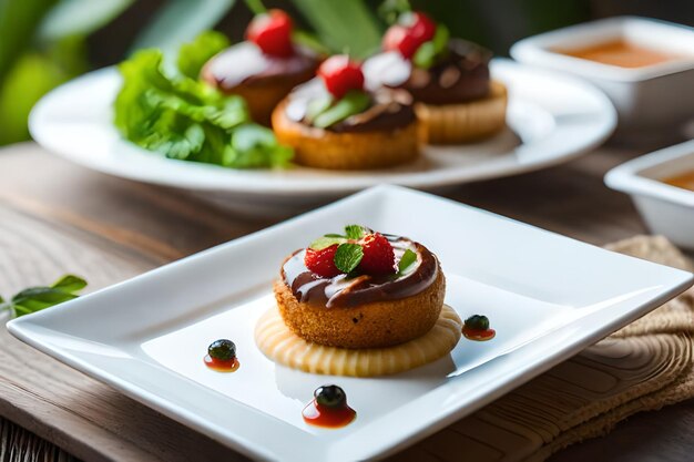 un postre en un plato con una fresa en él