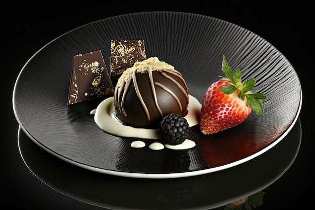 Postre plato negro elegante chocolate bolas nueces fresa comida fina gourmet