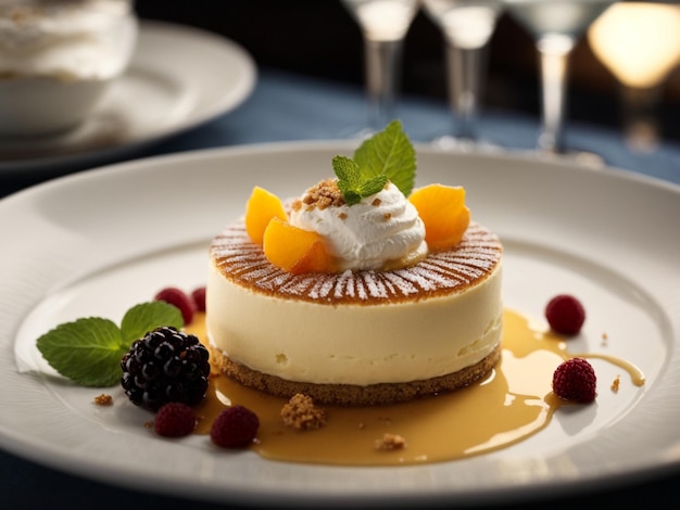 Postre de primera calidad en un restaurante de alta calidad fotografía cinematográfica de comida estudio iluminación y fondo