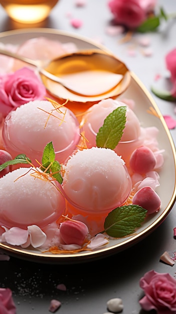 Postre de Rasgulla con jarabe de rosa y guarnición de azafrán blanco un sitio web de la cultura culinaria de la India