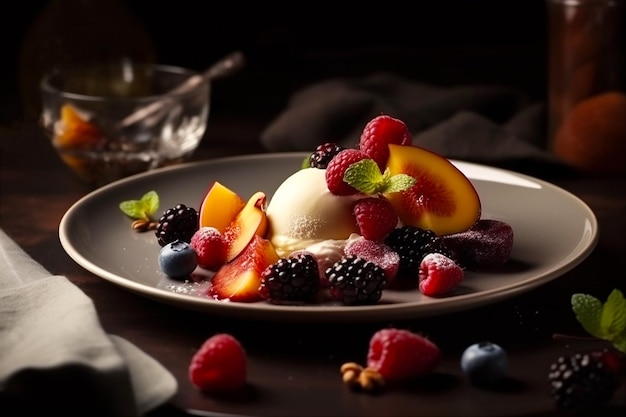 Postre refrescante hecho con frutas bayas y helado Fondo de alimentos saludables IA generativa