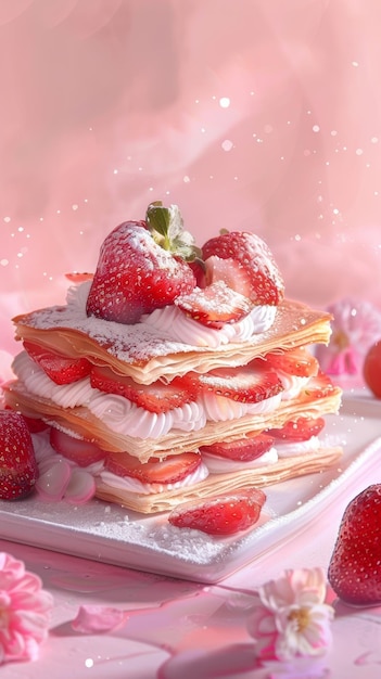 Un postre rosado en capas con fresas en rebanadas y un poco de azúcar en polvo en un plato blanco podría ser una millefeuille de fresas o pastel Millefeuille es un pastel francés en capas