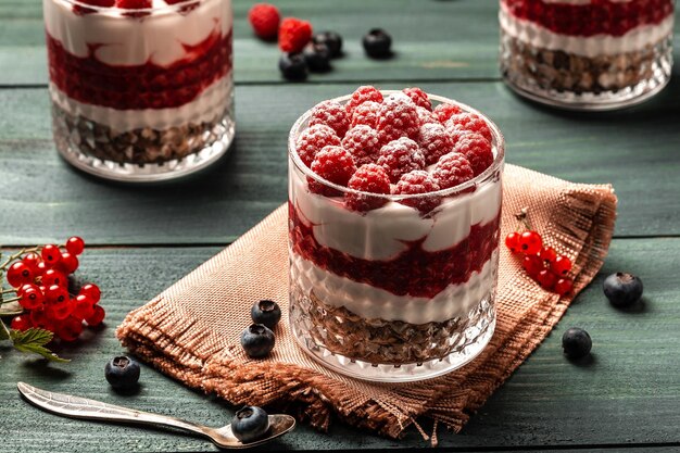 Postre saludable de frutas de frambuesa con granola de yogur skyr en capas en un frasco rodeado de ingredientes Desayuno vegetariano yogur de frambuesas frescas y arándanos