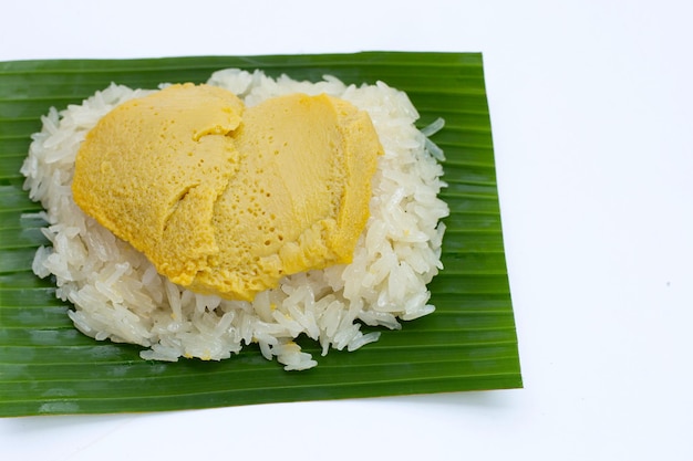 Postre tailandés Arroz pegajoso dulce con flan de huevo