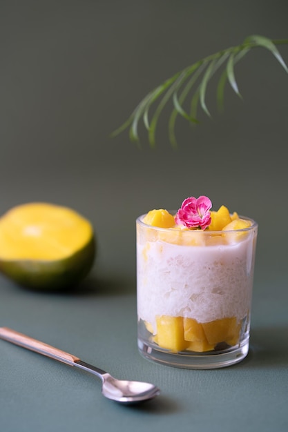 Postre tailandés con mango y arroz pegajoso y leche de coco.