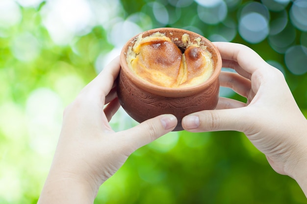 Postre tailandés en ollas de barro en mano de mujer Postre de crema tailandesa de frijol mungo sobre fondo de naturaleza verdeestilo de comida tailandesa