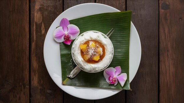 Foto postre de thong yod en una hoja de plátano en un plato blanco con orquídeas y un tenedor