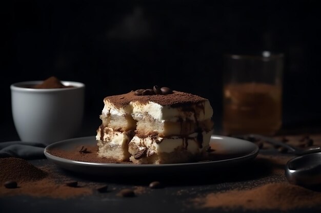 Postre de tiramisú en una cocina oscura Ai Generative