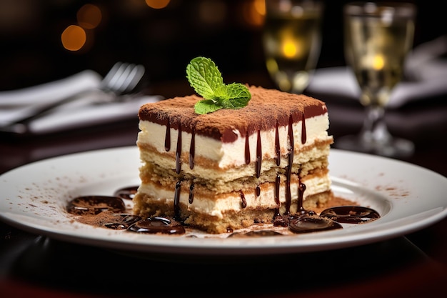 Postre de tiramisú elegante en un ambiente elegante