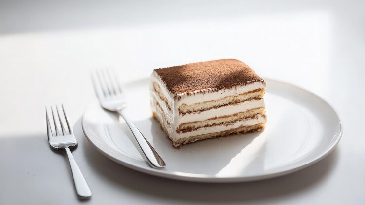 Postre de tiramisu en un plato blanco