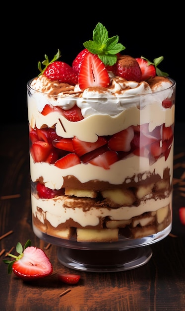 Postre de tiramisú en un vaso con fresas y menta sobre fondo oscuro