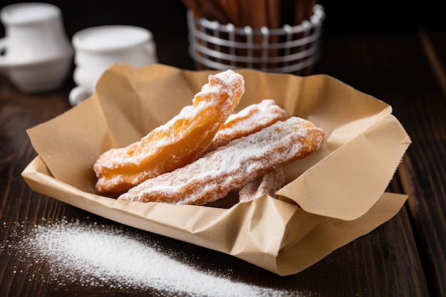 Postre tradicional español churros con churros de azúcar inflado primer plano palitos calientes frescos en una bolsa de papel