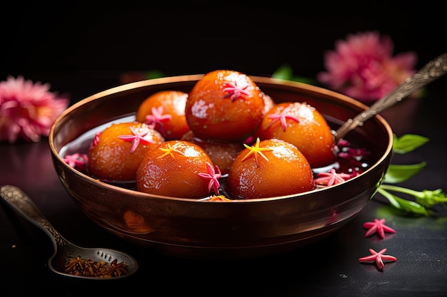 Postre tradicional indio dulce Gulab Jamun bolas de azúcar con hojas de menta en una placa de metal