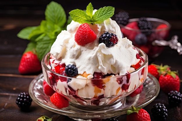 Postre tradicional inglés con helado y frutos rojos