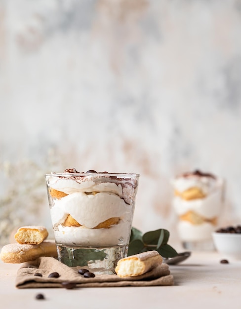 Postre tradicional italiano tiramisú hecho de savoiardi y mascarpone decorado con cacao en polvo