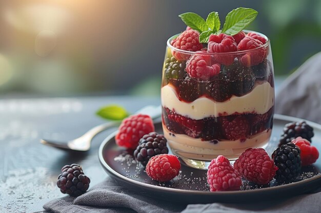 Postre en un vaso con bayas Desayuno orgánico saludable o concepto de bocadillo