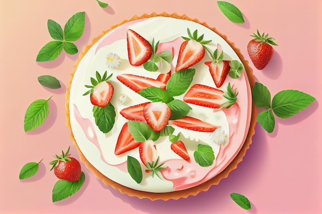 Postre de verano clásico cheesecake con fresas decorado con hojas de menta Generative Ai