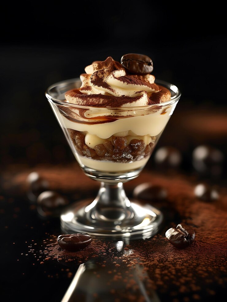 un postre de vidrio con chips de chocolate y chips de chocolate en la parte superior