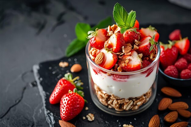 Foto postre de yogur con fresas, nueces y almendras