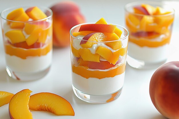 Postre de yogur de melocotón y mango en vasos