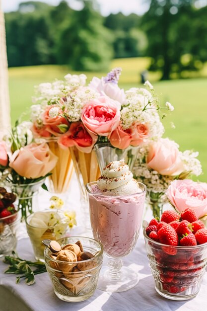 Foto postres de helado mesa buffet evento comida catering para fiesta de bodas y celebración de vacaciones helados y flores decoración en un jardín floral de campo generativo ai