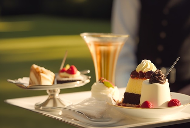 Postres de servicio de comida de lujo por un camarero en una celebración de boda o evento formal en estilo inglés clásico en un hotel de lujo o una finca generativa ai