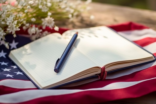 Postura americana de caderno em cima da bandeira