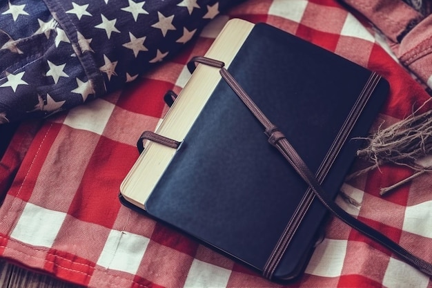 Postura americana de caderno em cima da bandeira