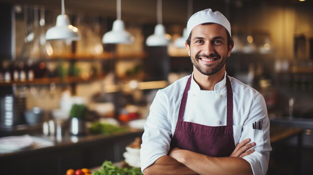 La postura confiada del chef masculino en la cocina