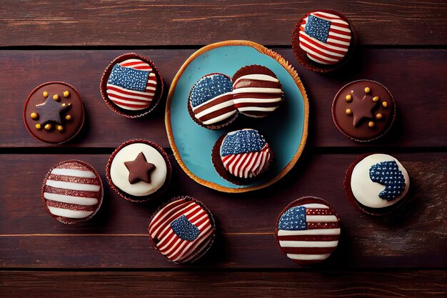 Postura plana com cupcakes arranjados e bandeiras americanas na celebração do dia dos presidentes de mesa de madeira