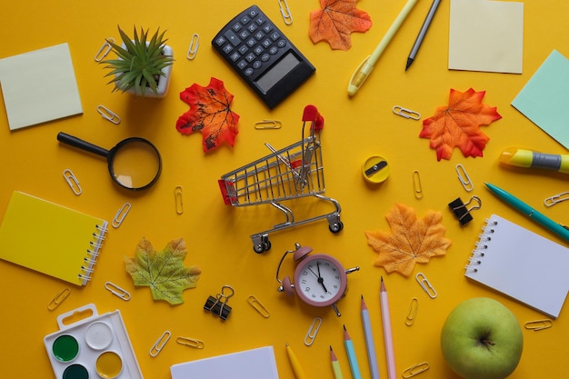 Postura plana com diferentes materiais escolares notebooks lápis canetas lupa e carrinho de compras