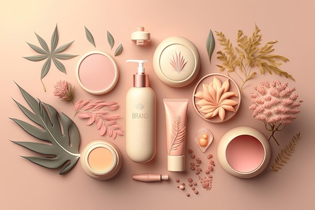 Foto postura plana com frascos 3d apresentando pó facial de loção creme perfeito para exibição de produtos cosméticos naturais ou modelo de anúncio de cosméticos naturais em fundo rosa com flores de plantas