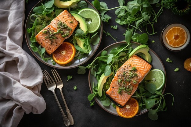 Postura plana de duas fatias de salmão sobre salada de agrião