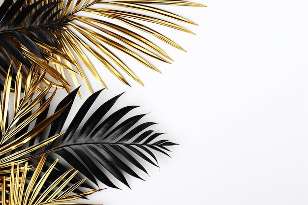 Postura plana de galhos de folhas de palmeira tropicais douradas e pretas
