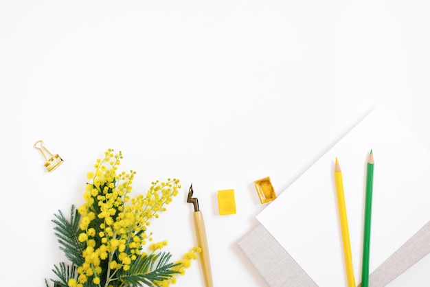 Postura plana do local de trabalho de um blogueiro calígrafo Uma folha de papel uma caneta para caligrafia lápis coloridos flores tintas aquarela em um fundo branco com um espaço de cópia