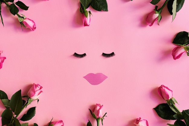 Postura plana feminina com flores rosas em fundo rosa Cílios postiços e lábios de papel