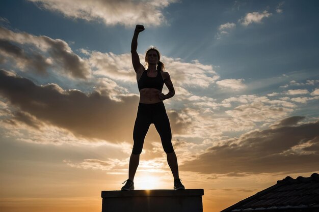 La postura de poder de la atleta femenina en la puesta del sol