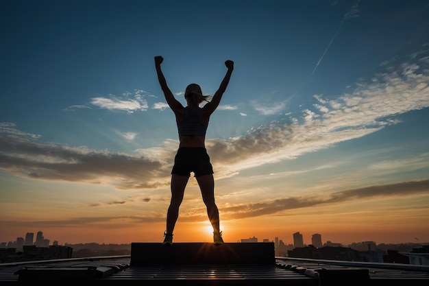 La postura de poder de la atleta femenina en la puesta del sol