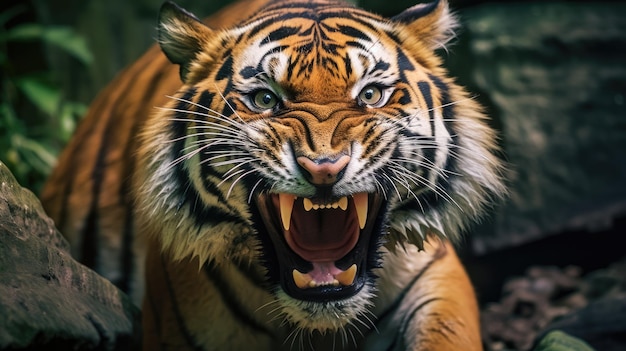 Foto la postura del tigre cuando ruge con una cara feroz