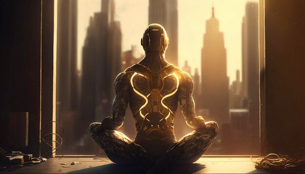 Postura de yoga Un androide meditando en posición de loto contra IA generativa