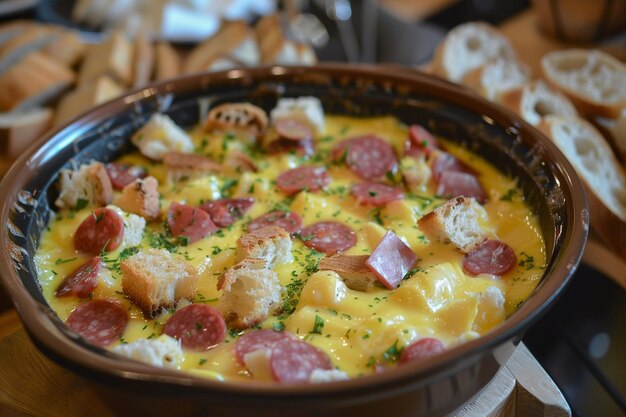 Foto pot de fondue de queijo com cubos de pão e pepperoni para mergulho